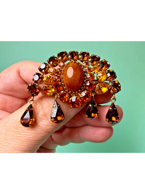 Vintage Made In Austria Rhinestone Waterfall Brooch Topaz Amber Glass Crescent